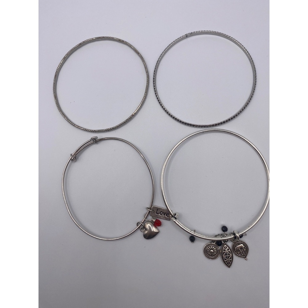 Lot of 4 Silver Tone Bangle Bracelets Charm Expandable Wire Heart Love Stackable
